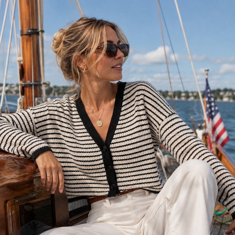 New Massimo Dutti Striped Crop Cardigan Sz XS Black White Cotton Coastal‎ Preppy